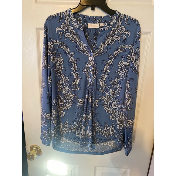 Belle by Kim Gravel Tops - Belle by Kim Gravel Blue Floral Damask Split Neck Long Sleeve Blouse Medium